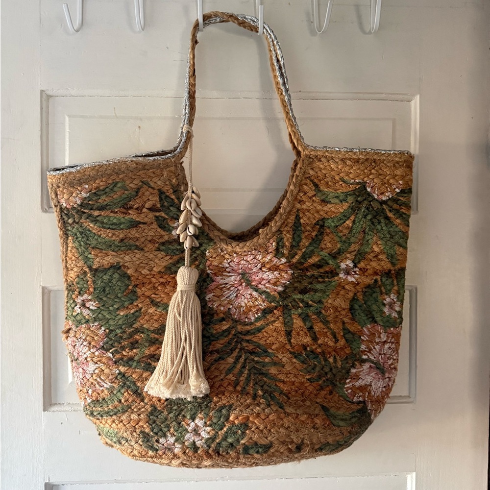 Time and Tru Straw Floral Tote with Tassel - Natural, Green, Pink